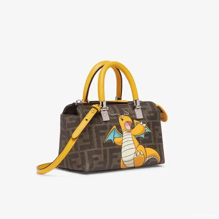 Vintage HOT Boston Way In Pokmon The By Motif Fabric Brown Dragon Bag FF Fendi Yellow Mini 0511